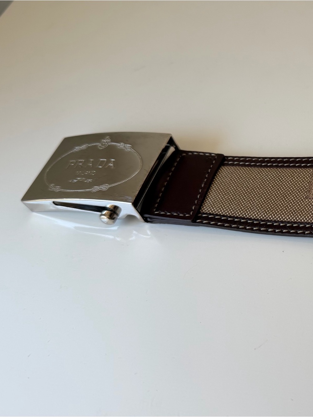 Prada Men's Brown Canvas & Leather Belt with Silver Logo Buckle